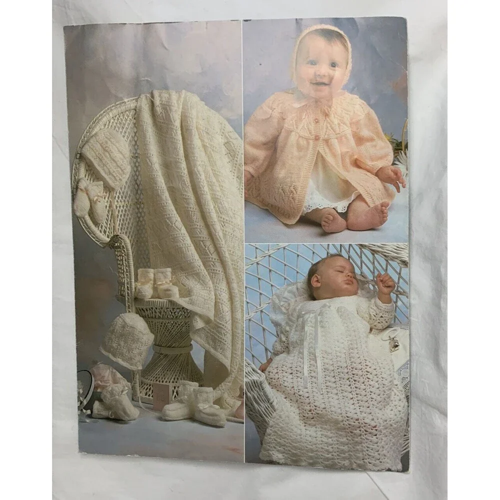 Vintage Craft Pattern Booklet Knit Crochet Baby Infant Gowns Jackets Booties Set